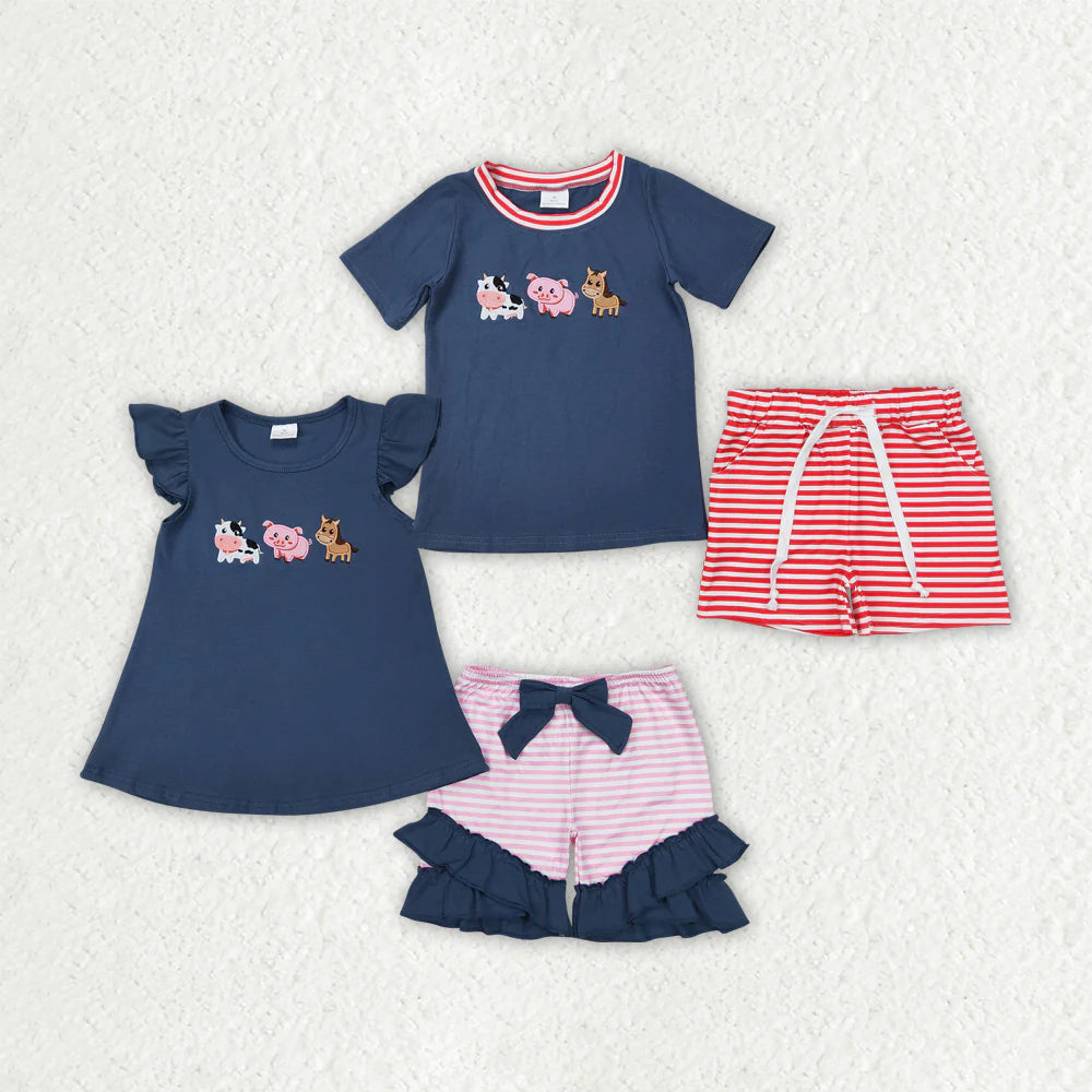Sibling Embroidery Boys Baby Girls Blue Farm Animals Summer Outfit