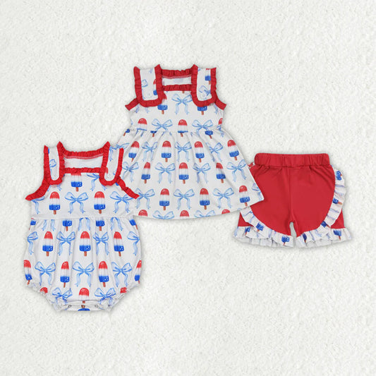 Baby Girls Popstick Bows Sibling Sister July 4th Outfit Rompers