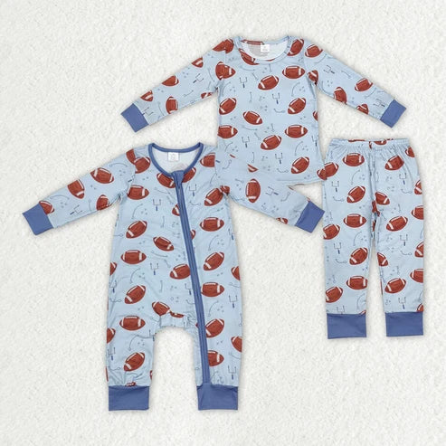 Sibling Boys Football Long Sleeve Pajama Set Zipper Romper
