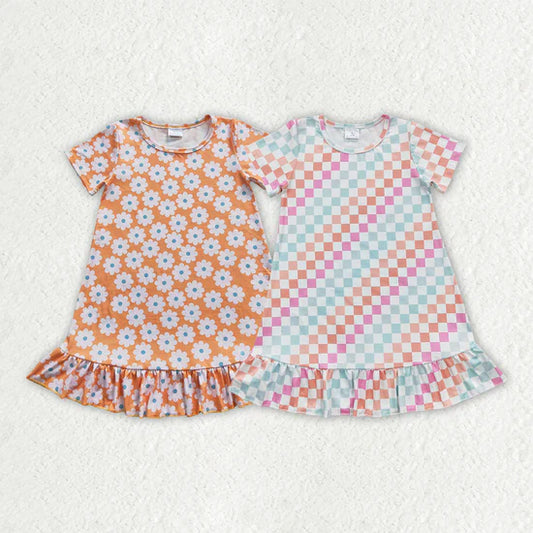 Sibling Baby Girls Flowers Checkered Short Sleeve Knee Length Dresses