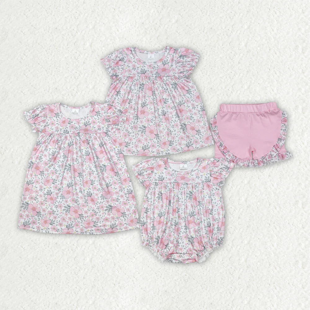 Sibling Baby Girls Pink Flowers Leaves Rompers Dresses Outfits
