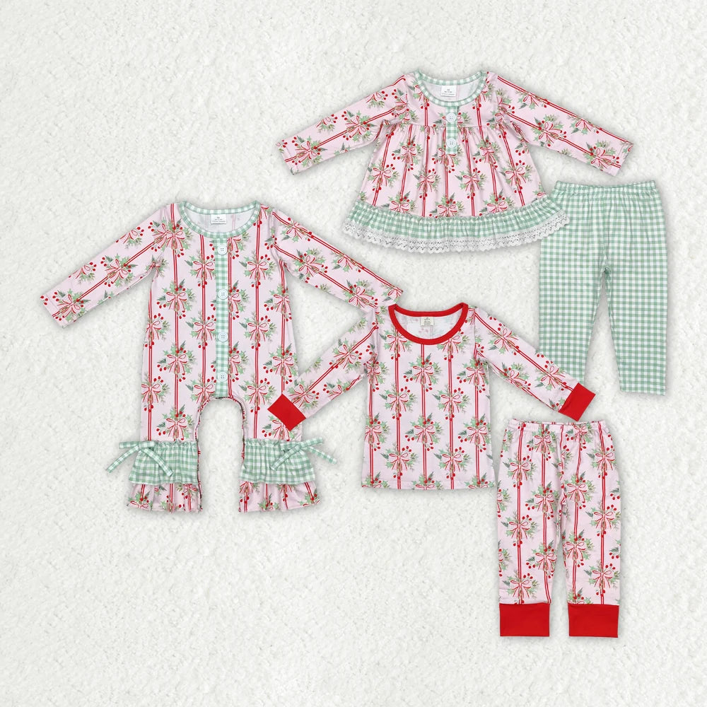 Sibling Baby Girls  Christmas Holly Bow Outfit Romper