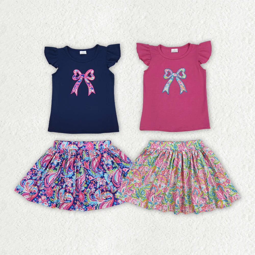 Sibling Embroidery Baby Girls Navy Bow Shirts Shorts Skirt Outfit
