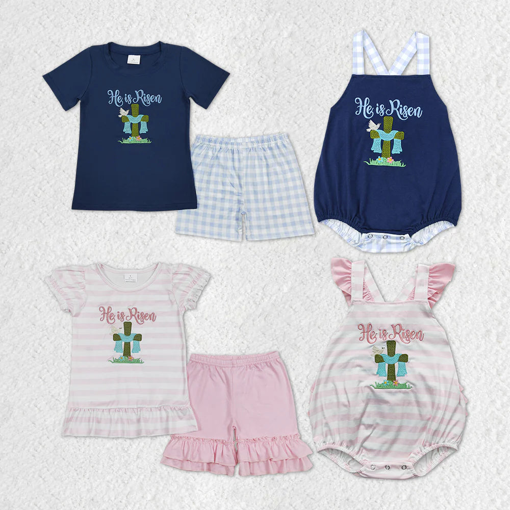 Baby Girls Boys Easter He Is Risen Cotton Embroidery Sibling Outfit Romper