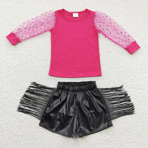 Baby Girls Hot Pink Long Sleeve  Top Tassel Leather Shorts Outfit