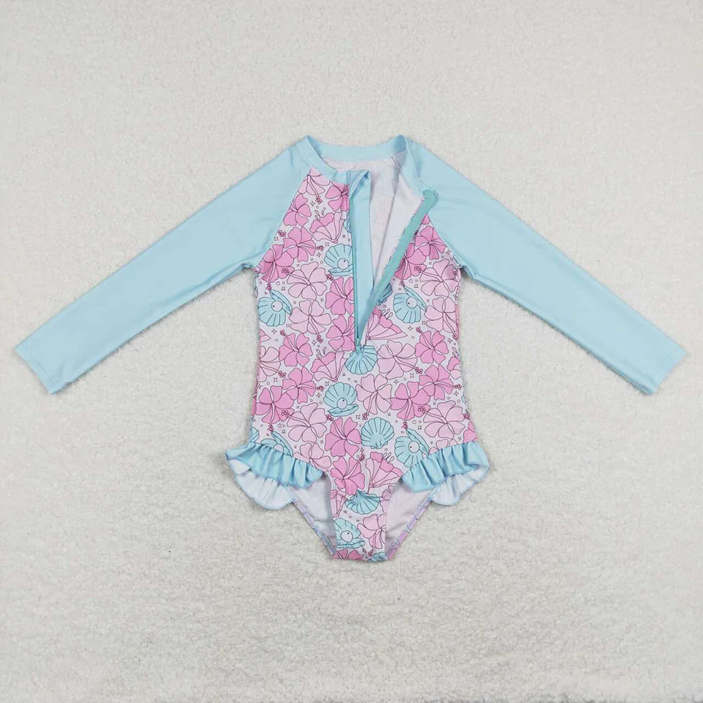 Baby Girls Summer Pink Flowers Long Sleeve Swimsuits