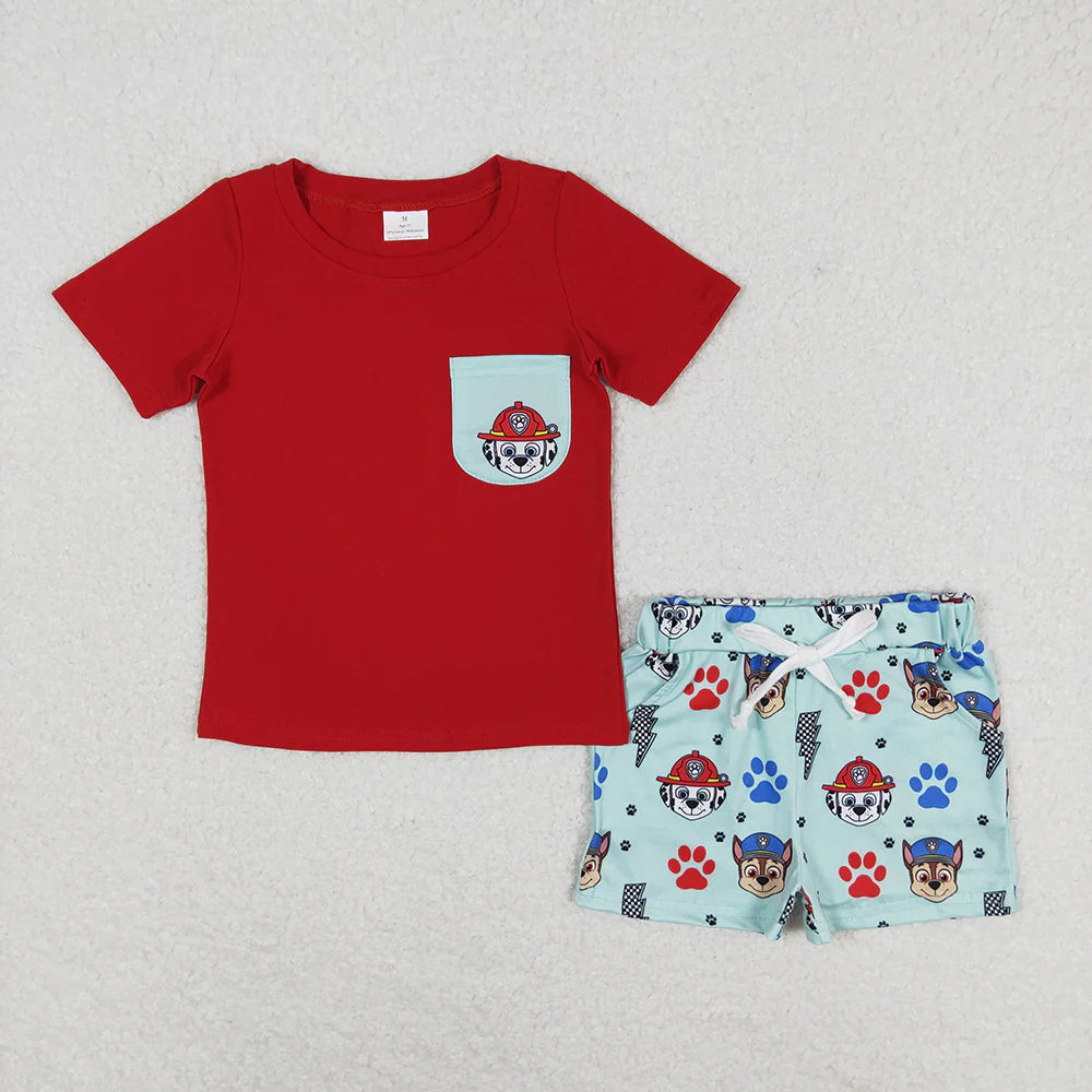 Sibling Baby Boys Summer Cartoon Short Sleeve Pocket T-shirt Top with Shorts Outfit