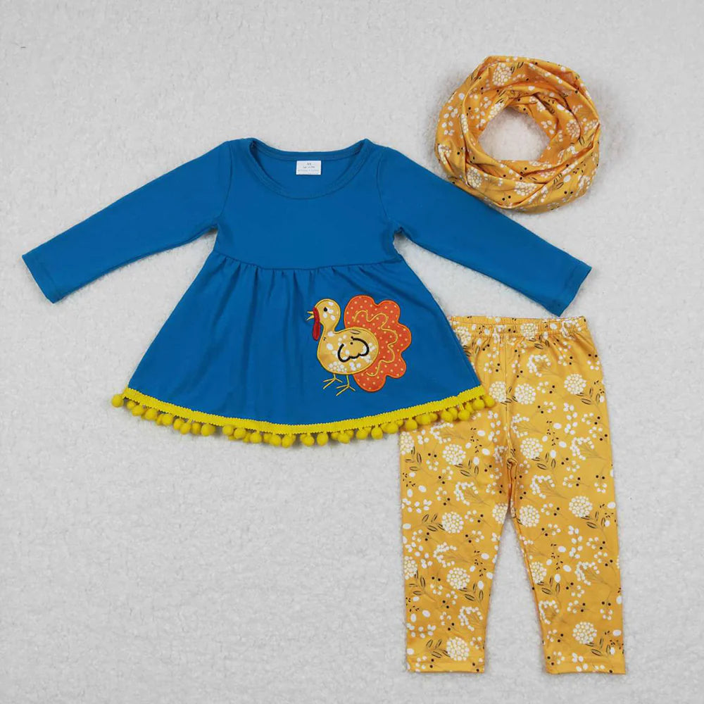 Baby Girls Thanksgiving Turkey Flowers Tunic Top Pants Clothes Sets