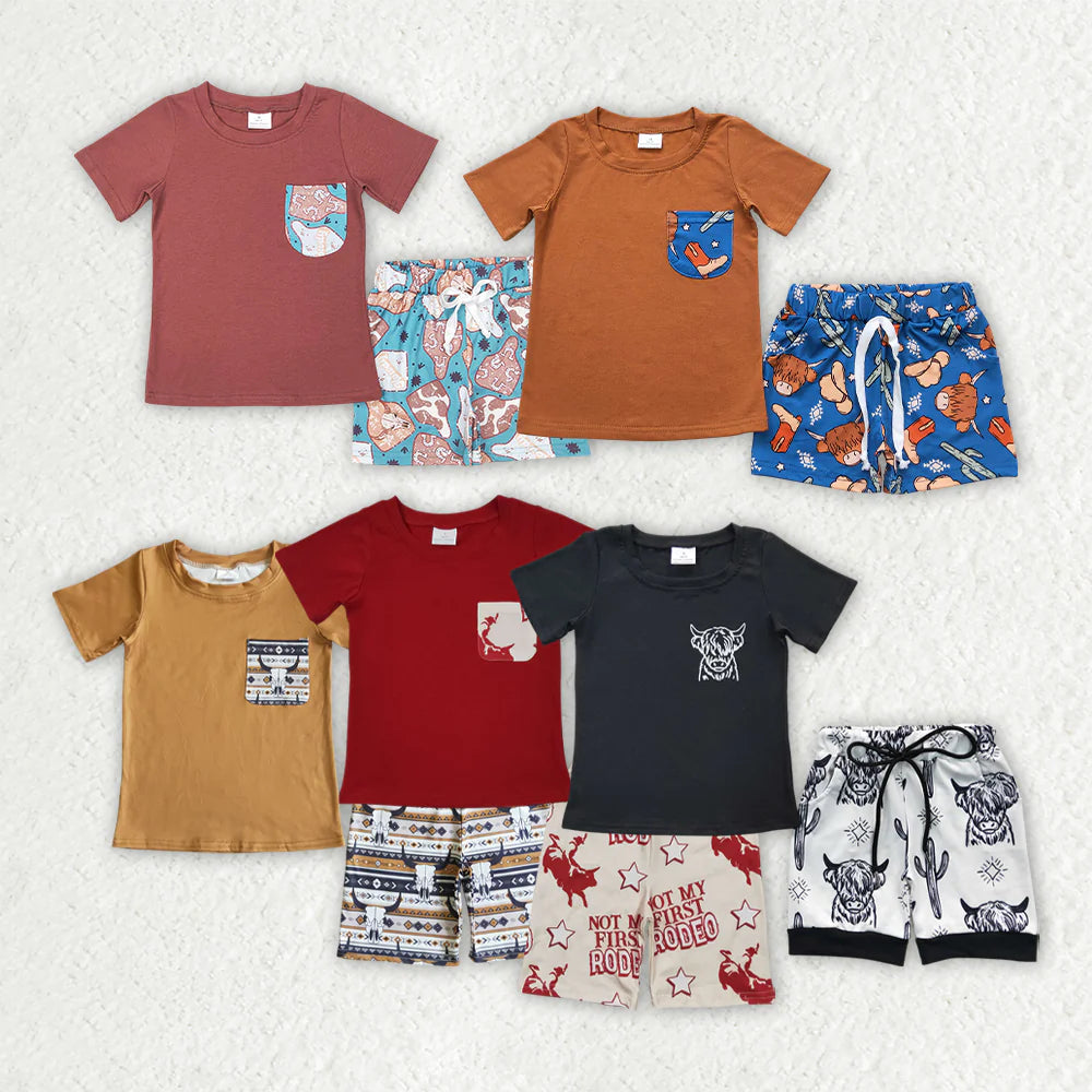 Sibling Baby Boys Western Cow Pocket Top Shorts Clothes Sets