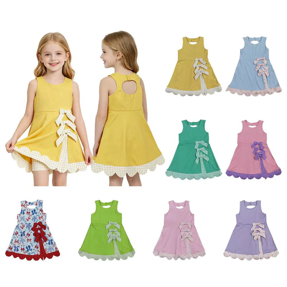 8 Colors Sleeveless Bows Shorts Baby Girls Scallop Knee Length Dresses Sisters Wear