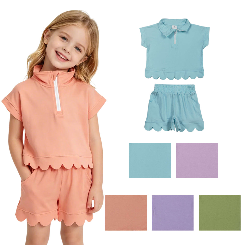 5 Colors Zipper Top Pockets Shorts Girls Summer Scallop Cotton Clothes Set Sisters Wear