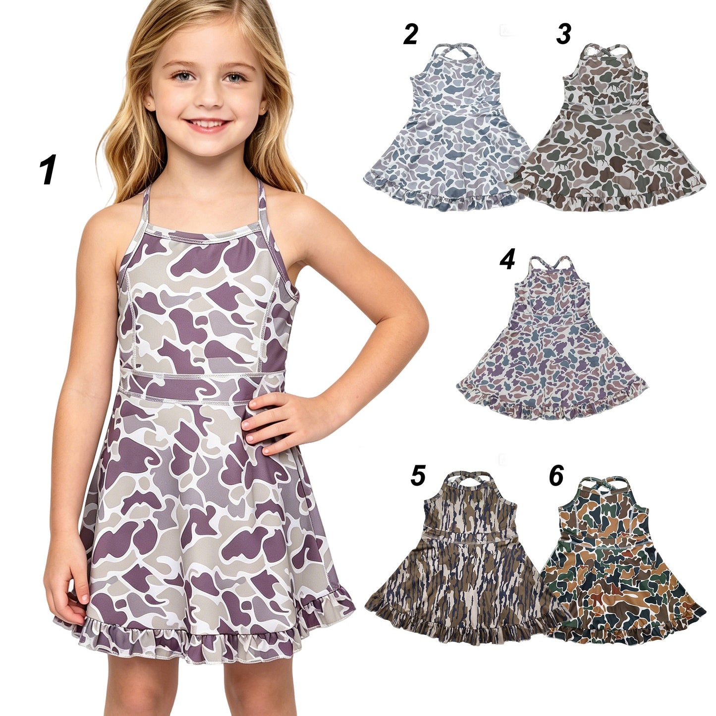 6 Colors Sibling Baby Girls Strap Hunting Camo Active Short Team Knee Length Dresses